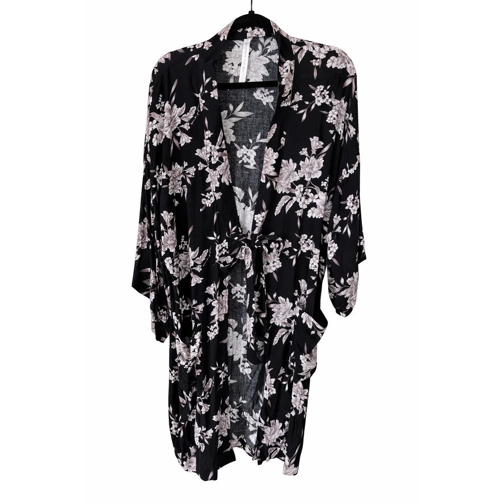 Spiritual Gangster Maya Kimono OS Black Floral Rayon Boho Festival Cover Up